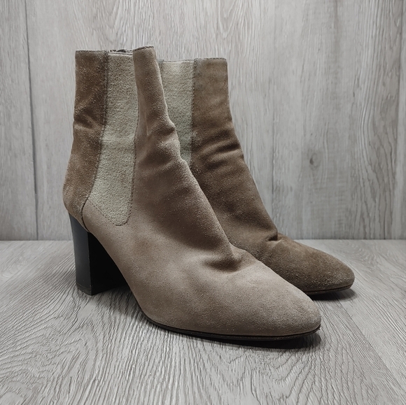 Aquatalia Suede Block Heel Bootie Boot Ankle Mid Shaft 8.5 Taupe‎ Gray Tan Grige - Picture 1 of 11